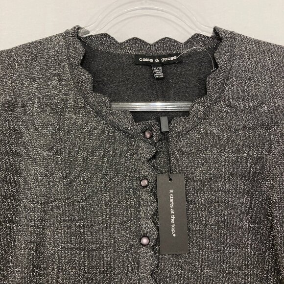 New Cable & Gauge size XL Black Metallic Scallop Neck 3/4 Sleeve Button Cardigan - Picture 3 of 10